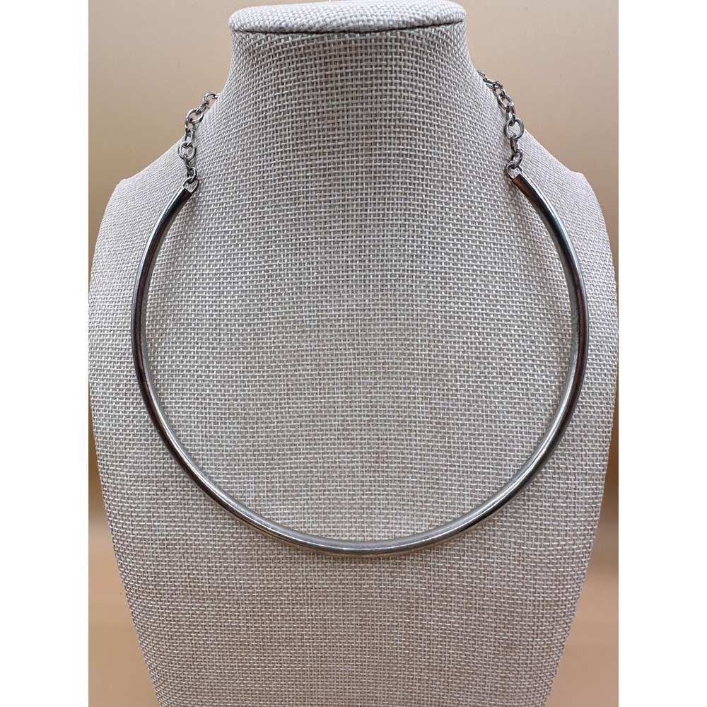Silver Tone Tubular Collar Necklace Heart Clasp Adjustable Minimalist Y2K Gift